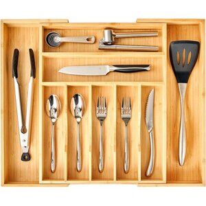 Expandable Bamboo Kitchen Drawer Organizer Silverware Utensils Cutlery Tray
